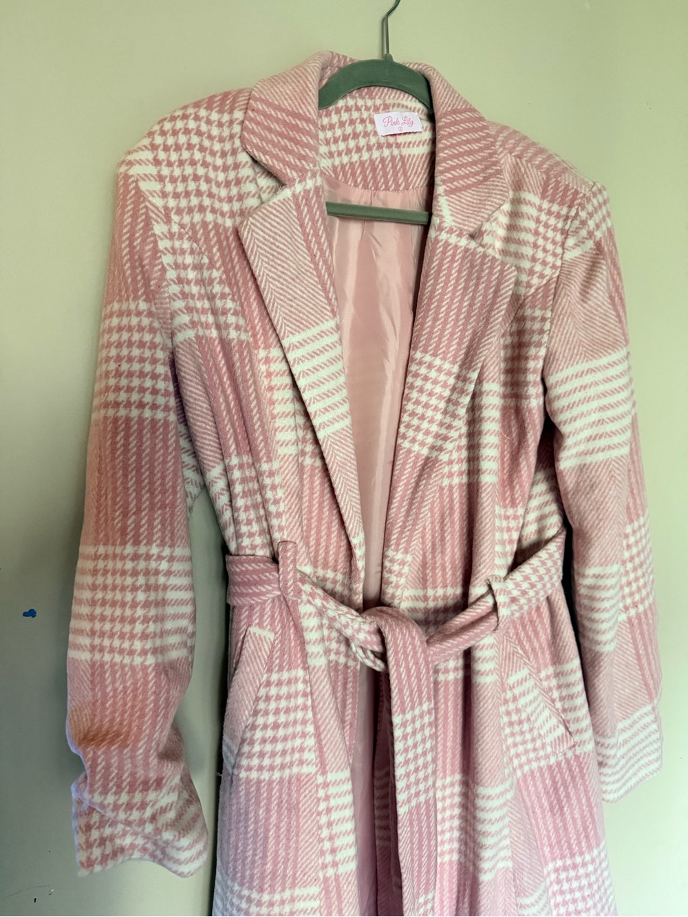 Pink Lily Pink and Cream Plaid Belted Trench Coat